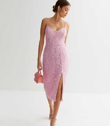 Premium Bright Pink Lace Bodycon Midi Dress