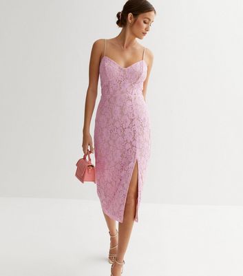 Premium Bright Pink Lace Bodycon Midi Dress