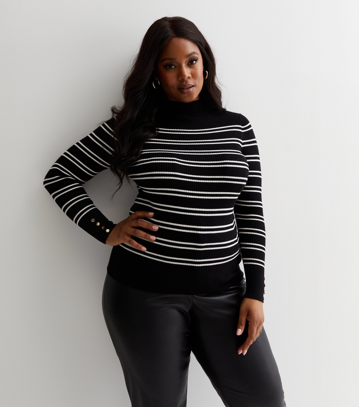 Women's Plus Size Black Stripe Knit Button Cuff Jumper Curves New Look