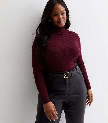Curves Burgundy Ribbed Knit Roll Neck Jumper New Look