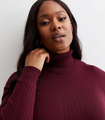 Curves Burgundy Ribbed Knit Roll Neck Jumper New Look