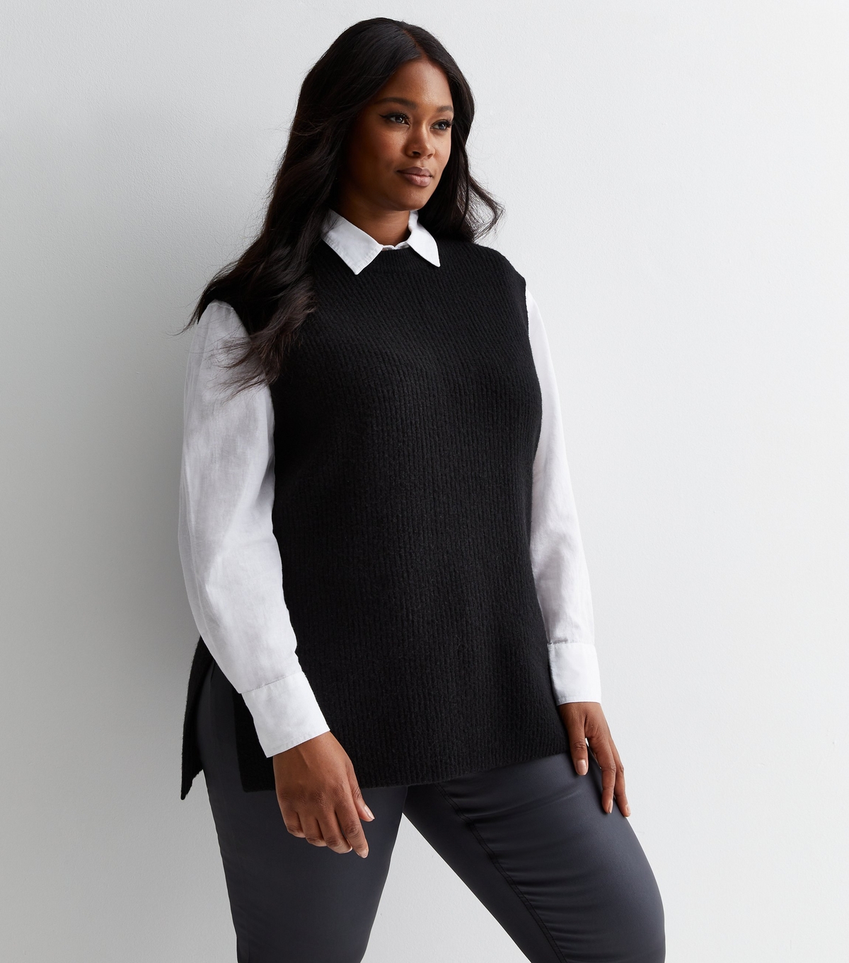 Women's Plus Size Black Knit Split Hem Vest Curves New Look