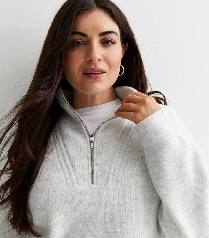 Pale Grey Knit Zip Neck Jumper