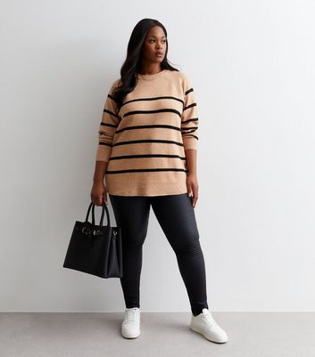 Curves Brown Stripe Knit Longline Jumper | New Look
