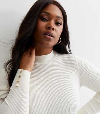 Curves White Ribbed Knit Button Cuff Jumper