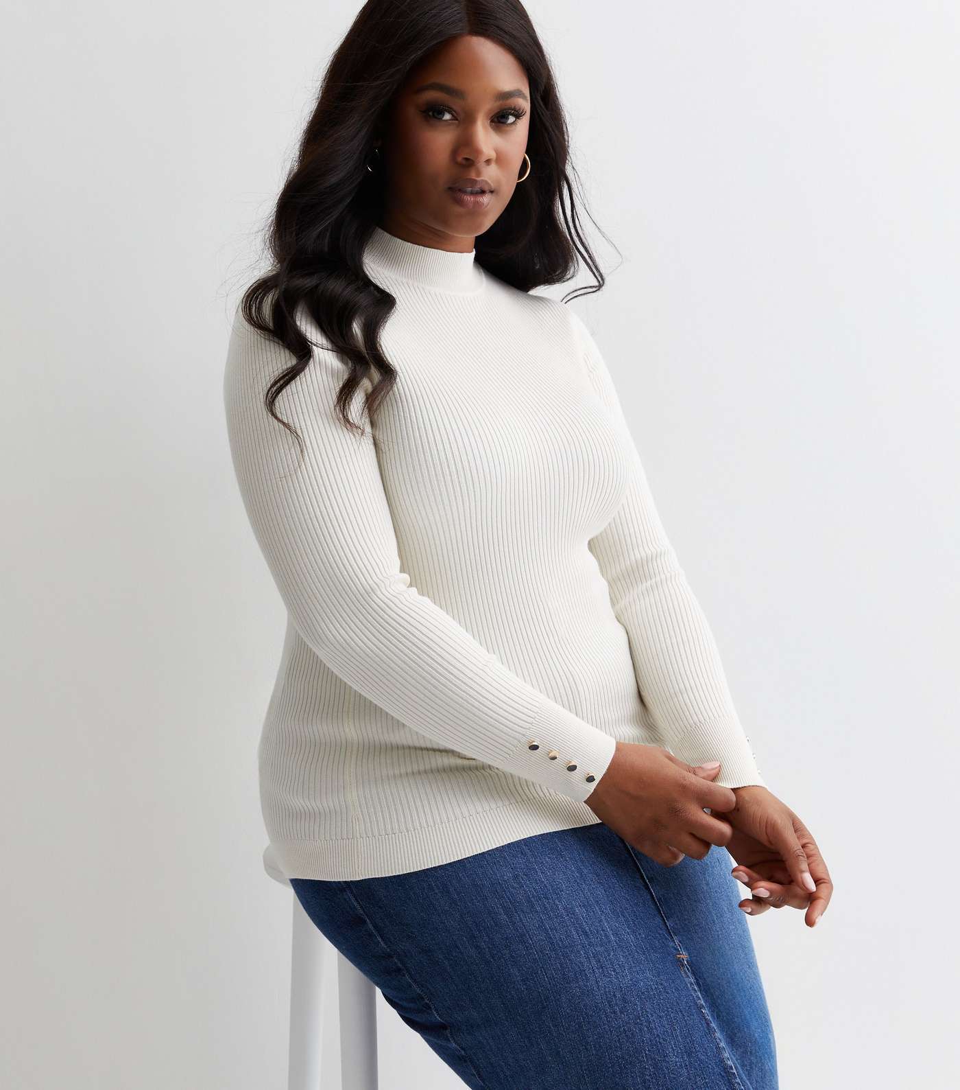Curves White Ribbed Knit Button Cuff Jumper Image 2