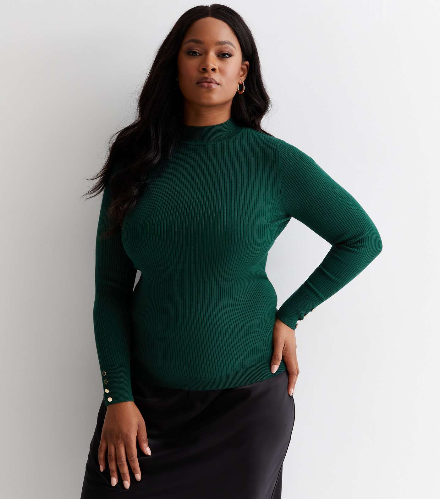 Curves Dark Green Ribbed Knit Button Cuff Jumper Image 2