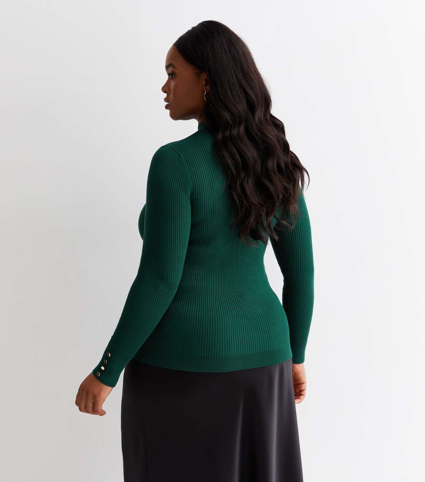 Curves Dark Green Ribbed Knit Button Cuff Jumper Image 4