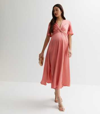 Maternity Pink Satin Twist Front Midi Dress