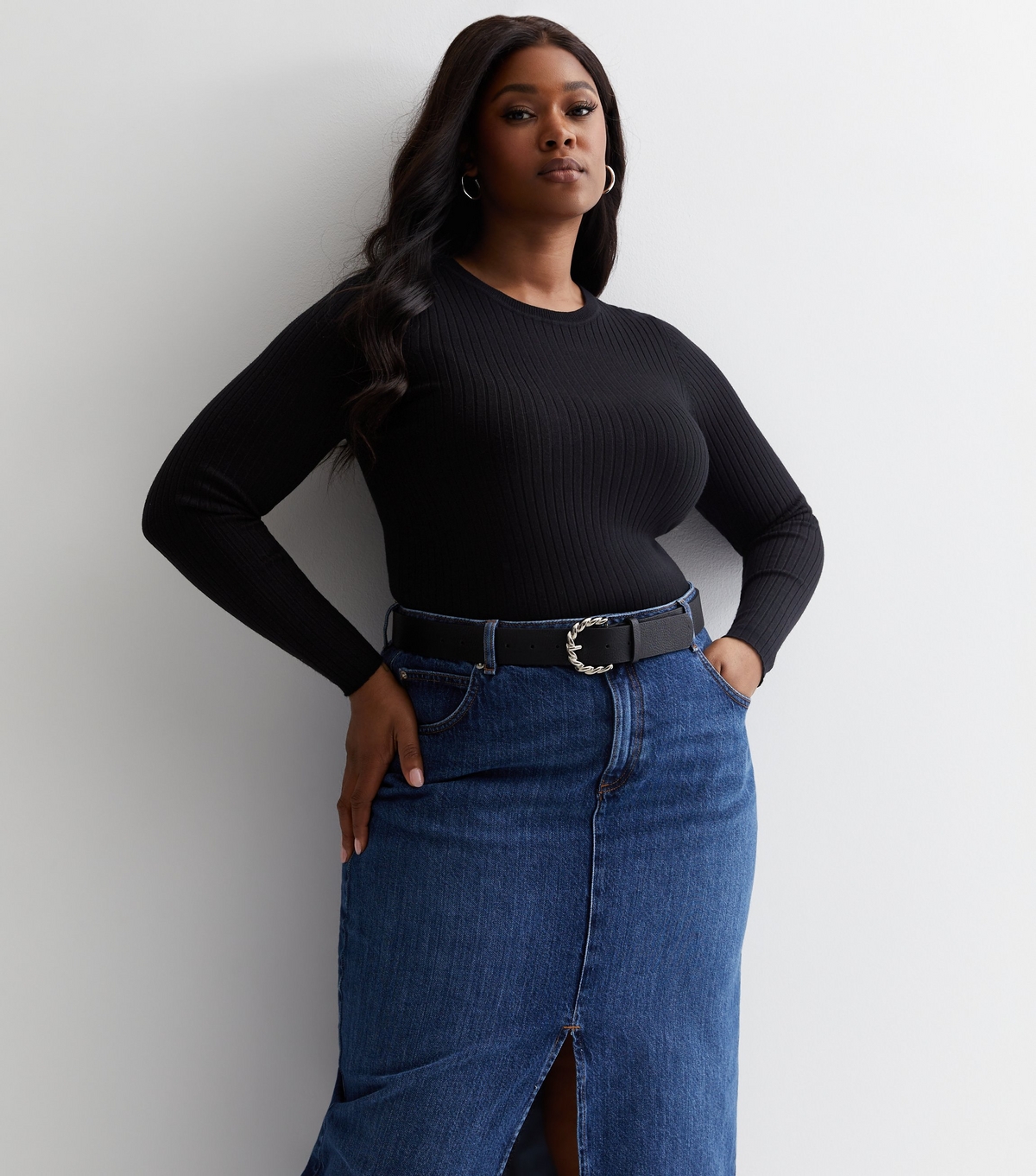 Women's Plus Size Black Ribbed Knit Crew Neck Jumper Curves New Look