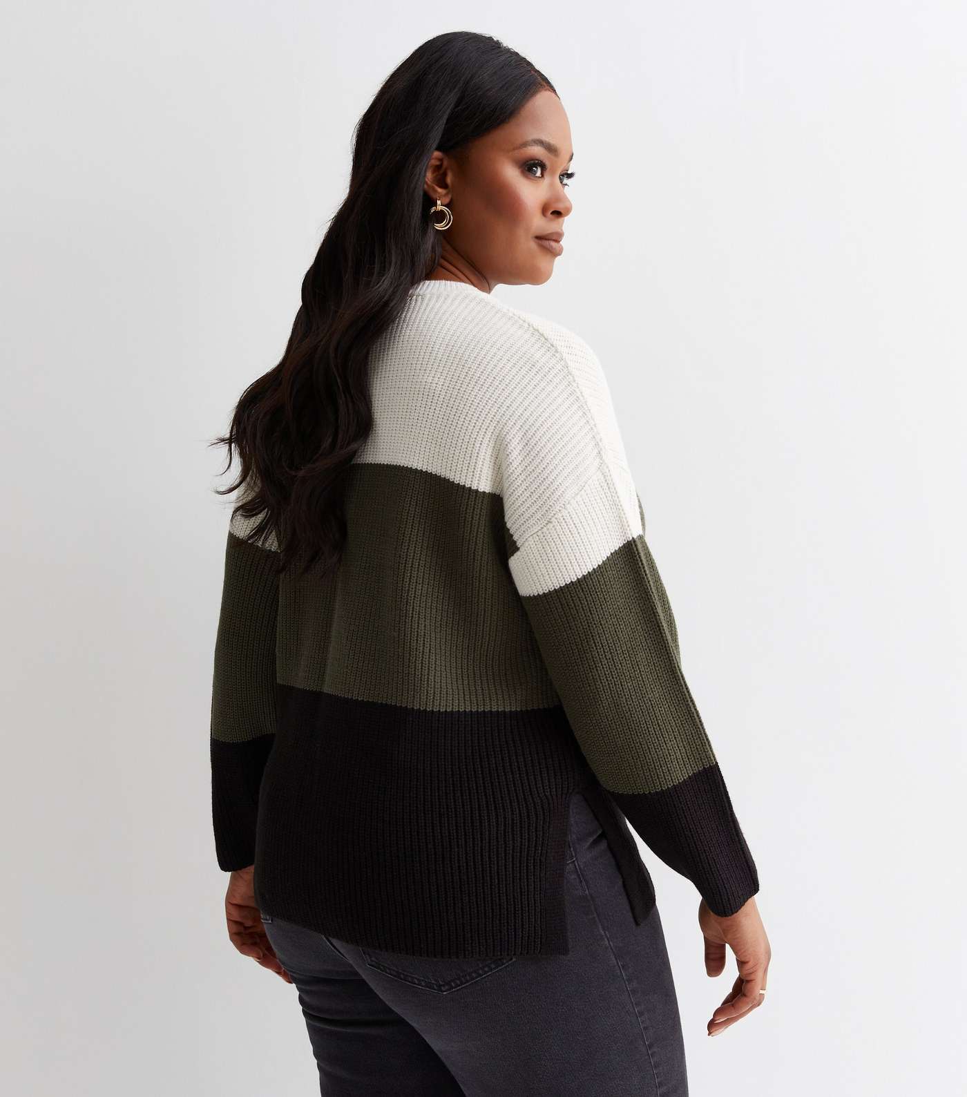 Curves Green Colour Block Ribbed Knit Jumper Image 4