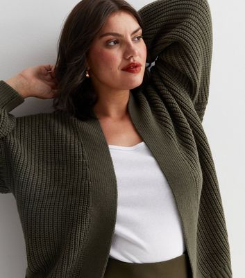 Curves Khaki Stitch Knit Balloon Sleeve Cardigan New Look