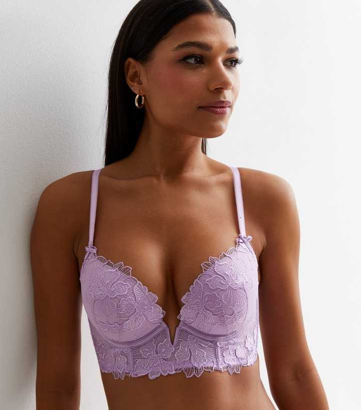 Lilac Floral Embroidered Push Up Corset Bra