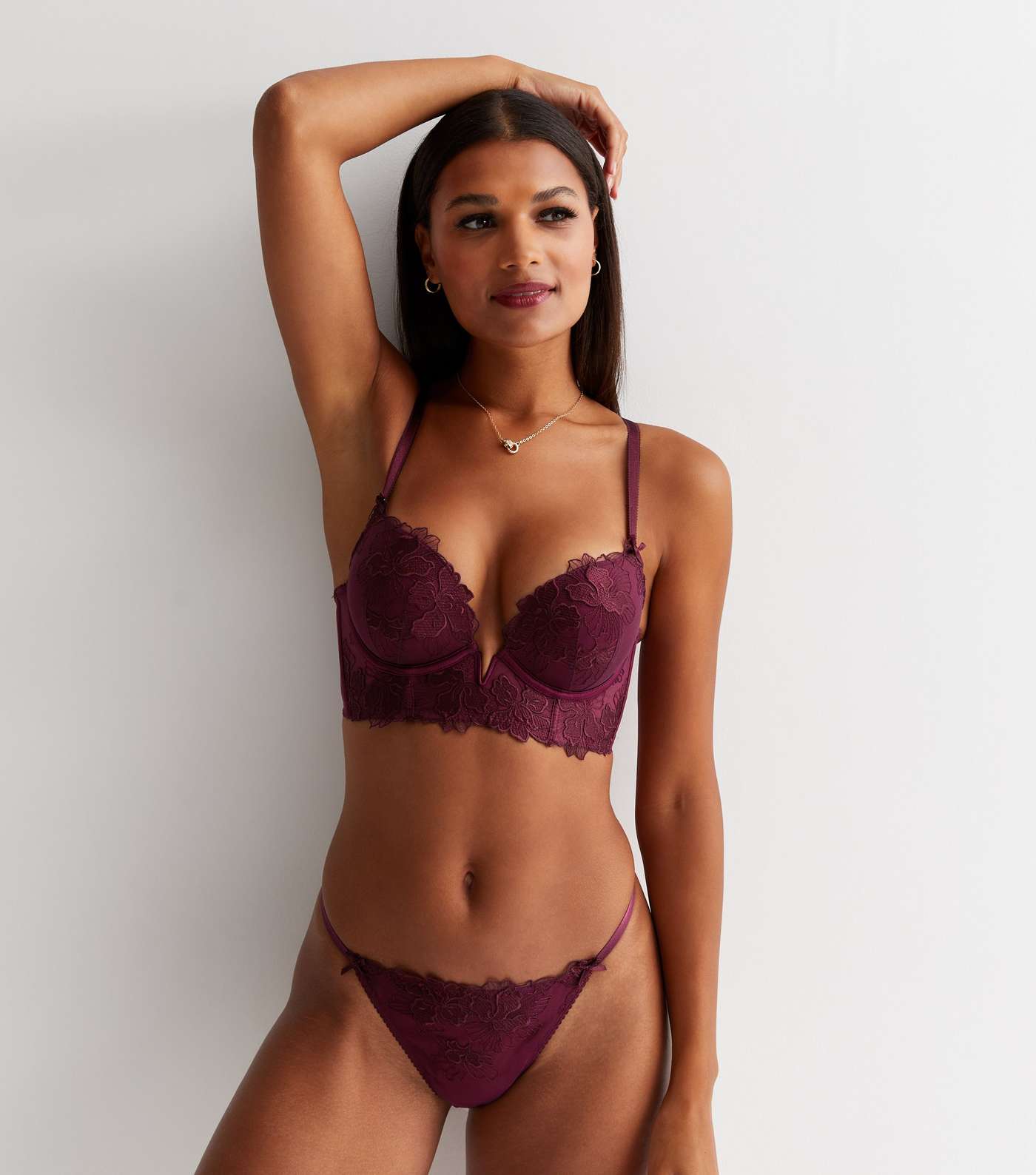 Burgundy Floral Embroidered Push Up Corset Bra Image 2