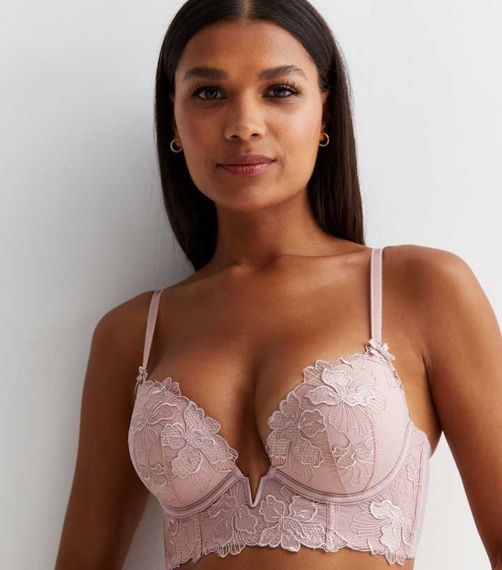 Mid Pink Floral Embroidered Push Up Corset Bra