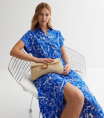 Blue Floral Drawstring Midi Shirt Dress New Look