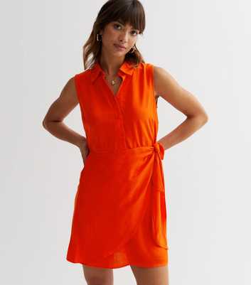 Orange Tie Side Mini Shirt Dress