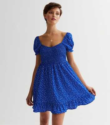 Blue Spot Crepe Shirred Mini Dress
