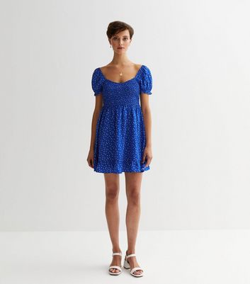 Blue Spot Crepe Shirred Mini Dress | New Look