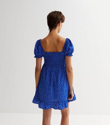 Blue Spot Crepe Shirred Mini Dress | New Look