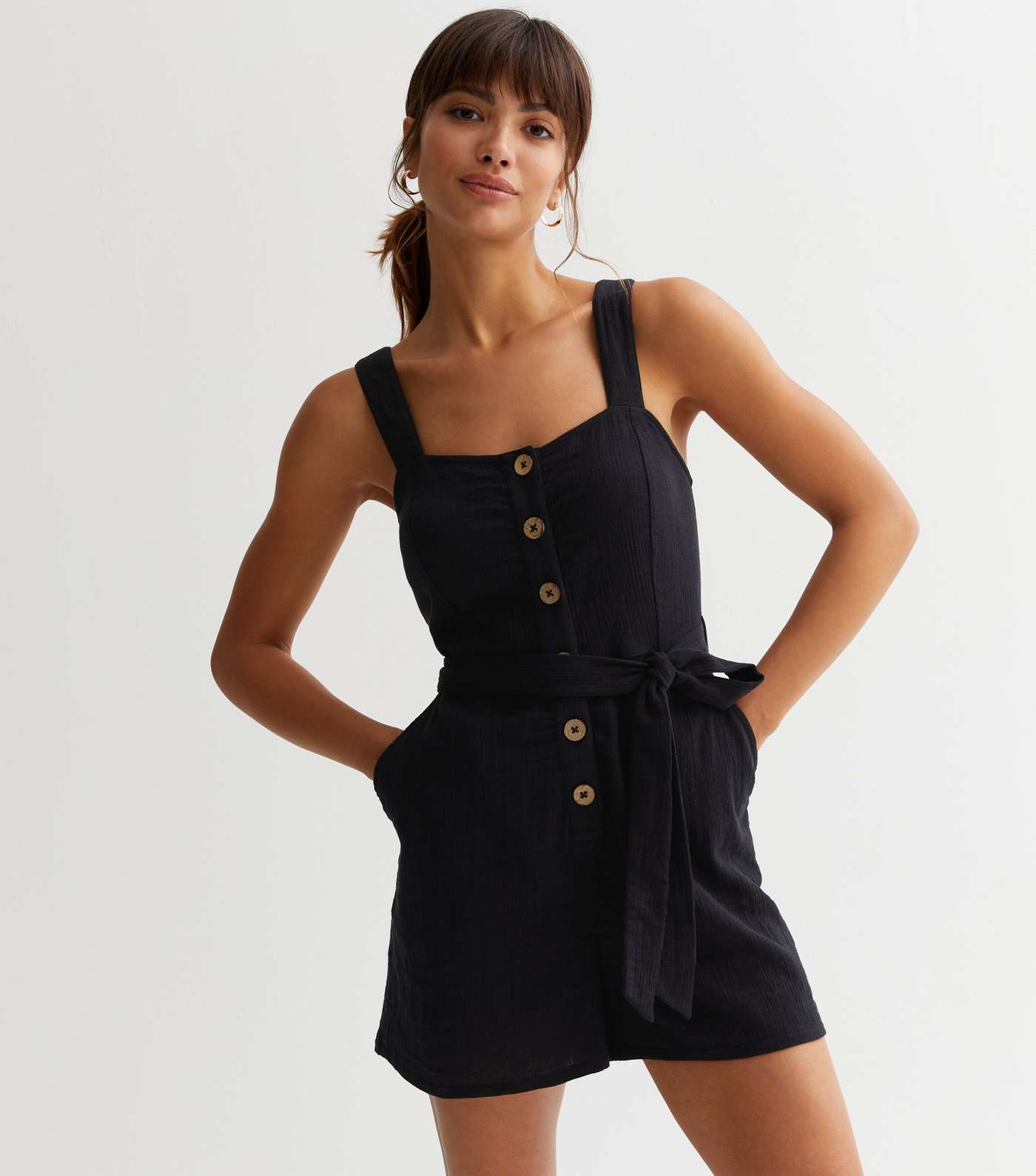 Black Textured Button Front Playsuit Image 2