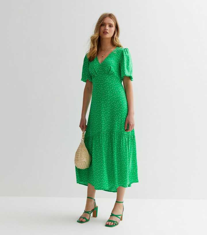 Green Spot Puff Sleeve Midi Dress