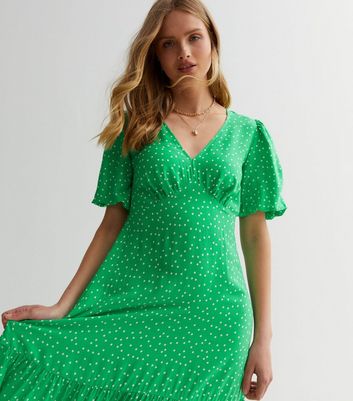 Green Spot Puff Sleeve Midi Dress New Look