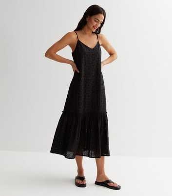 Black Cotton Embroidered Strappy Midaxi Dress