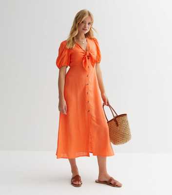 Bright Orange Linen-Look Tie Front Midaxi Dress