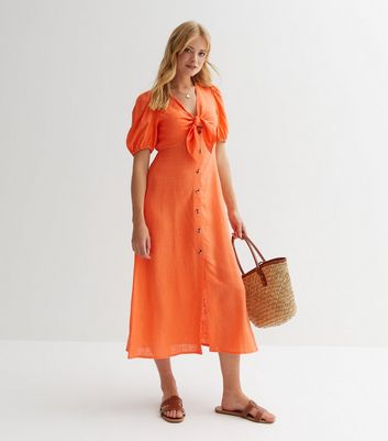 Bright Orange Linen-Look Tie Front Midaxi Dress | New Look