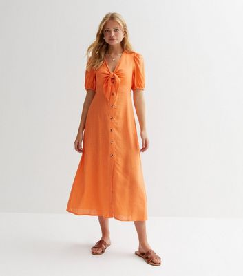 Bright Orange Linen-Look Tie Front Midaxi Dress | New Look