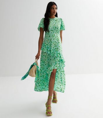 Green Floral Ruffle Midaxi Dress New Look