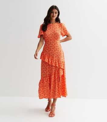Orange Floral Flutter Sleeve Split Hem Midi Dress