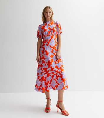 Red Floral Puff Sleeve Midi Dress