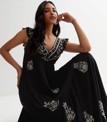 Black Embroidered Frill Sleeve Maxi Dress New Look