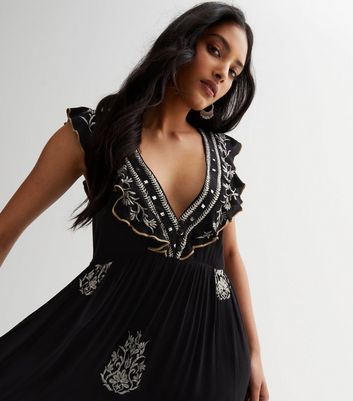 Black Embroidered Frill Sleeve Maxi Dress New Look