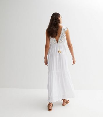 White Embroidered Frill Sleeve Maxi Dress New Look