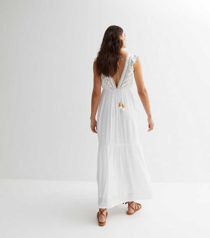 White Embroidered Frill Sleeve Maxi Dress