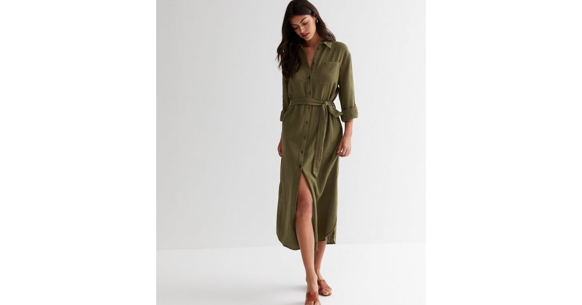 2703 Khaki Belted Shirt Dress