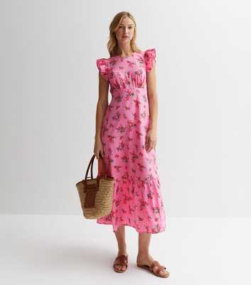 Pink Floral Spot High Neck Tiered Hem Midi Dress
