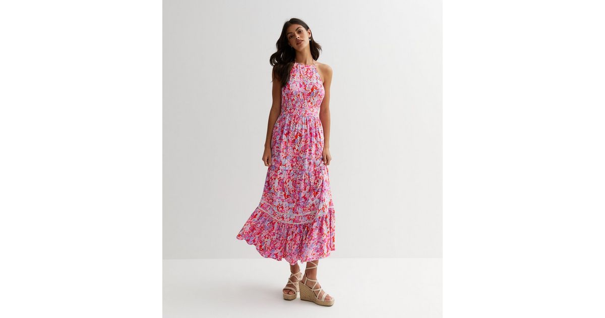 Pink Floral Tiered Halter Midi Dress | New Look