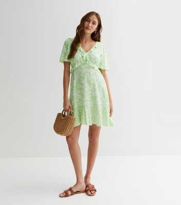 Green Floral Frill Mini Dress