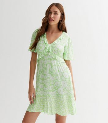 Green Floral Frill Mini Dress New Look