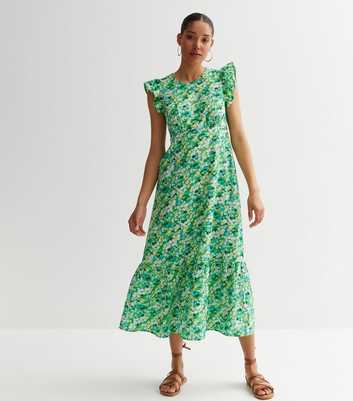 Green Abstract High Neck Tiered Hem Midi Dress