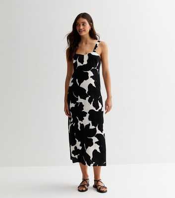Black Abstract Floral Midi Slip Dress