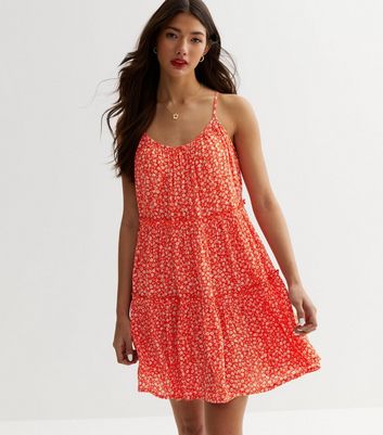 Red Ditsy Floral Strappy Smock Mini Dress New Look