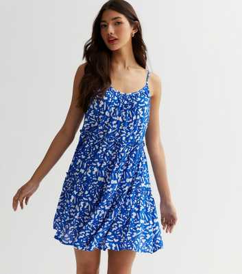 Blue Abstract Strappy Mini Smock Dress