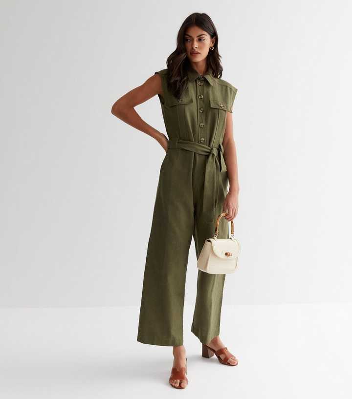 Khaki Sleeveless Belted Utility Jumpsuit
