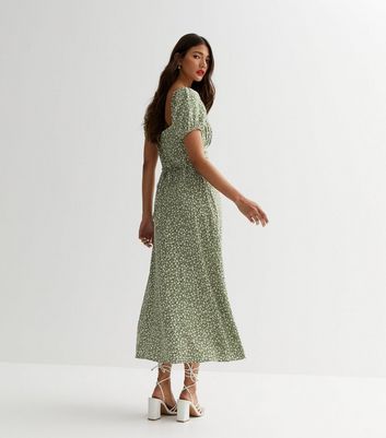 Green Ditsy Floral Tie Front Midi Dress New Look
