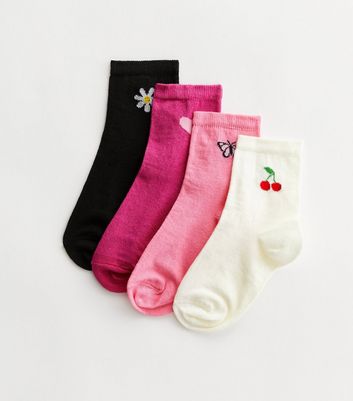 Girls 4 Pack Multicoloured Motif Ankle Socks
